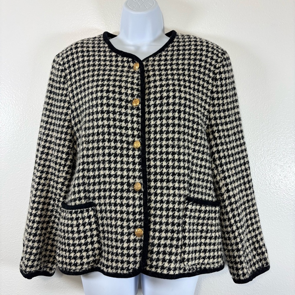 Alfred Dunner Vintage Houndstooth Wool Jacket Black Cream Gold Buttons Sz16